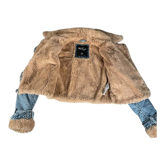 Hollister Faux Fur Lined Denim Jacket Women’s XS Y2K Cropped Tan Sherpa Collar - Picture 7 of 13